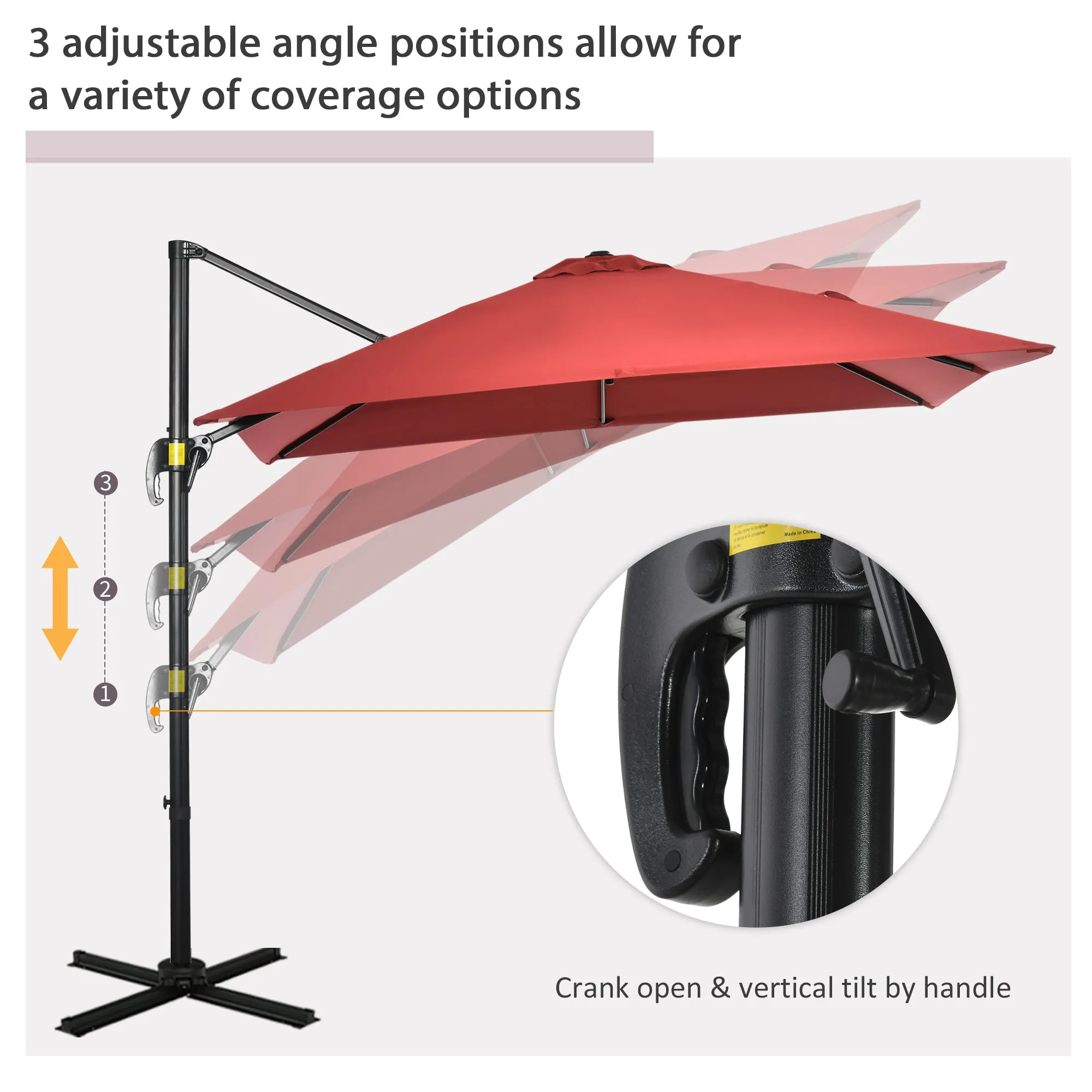 2.5x2.5m Patio Offset Parasol Umbrella Cantilever Hanging Aluminium Sun Shade Canopy Shelter 360¬∞Rotation w/Crank Handle Cross Base Wine Red