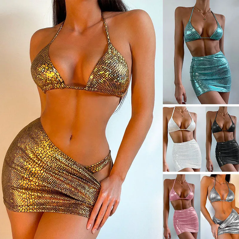 3 Piece Bathing Suits Halter Snake Pattern Bikini Set With Cover Up Skirt Summer Swimsuit