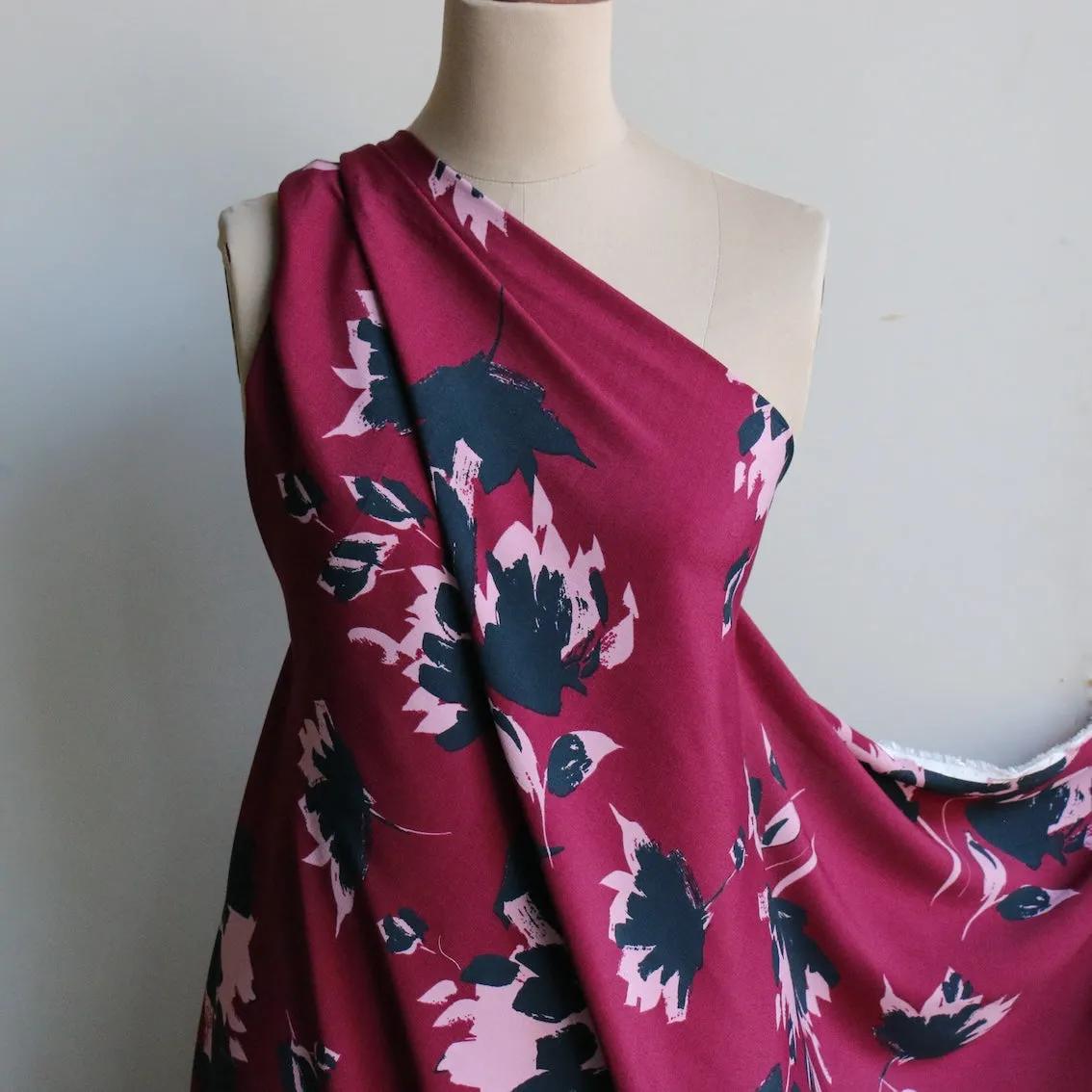 Blooms In Bordeaux Viscose Crepe