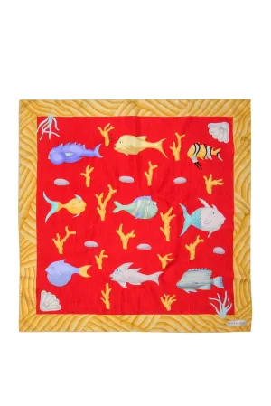 Bvlgari - Red & Golden Silk Fish Print Scarf