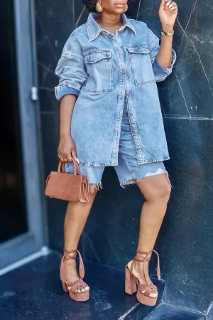 Casual Denim Flap Pocket Top & shorts Set