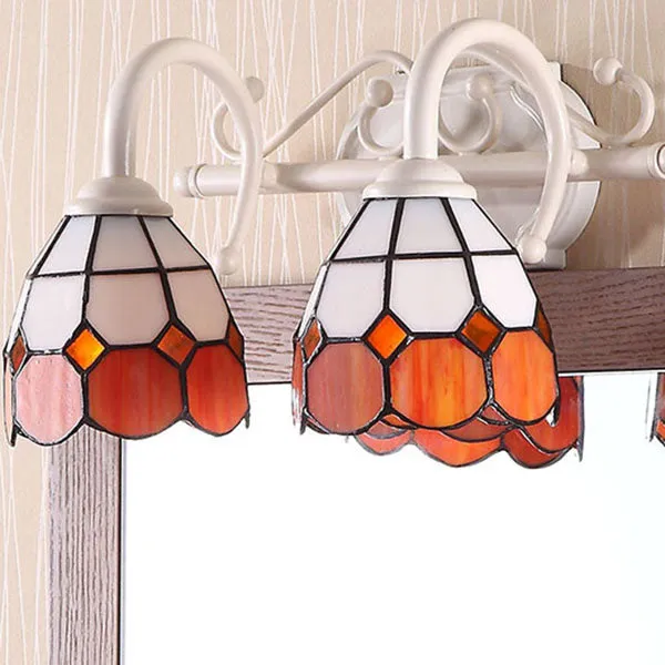 Dome Double Wall Sconce - Curved Arm Stained Glass Traditional Lighting (Blue/Orange)