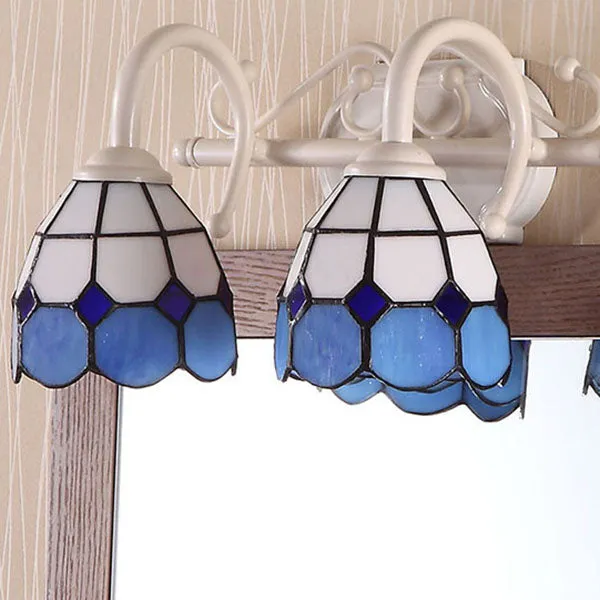 Dome Double Wall Sconce - Curved Arm Stained Glass Traditional Lighting (Blue/Orange)