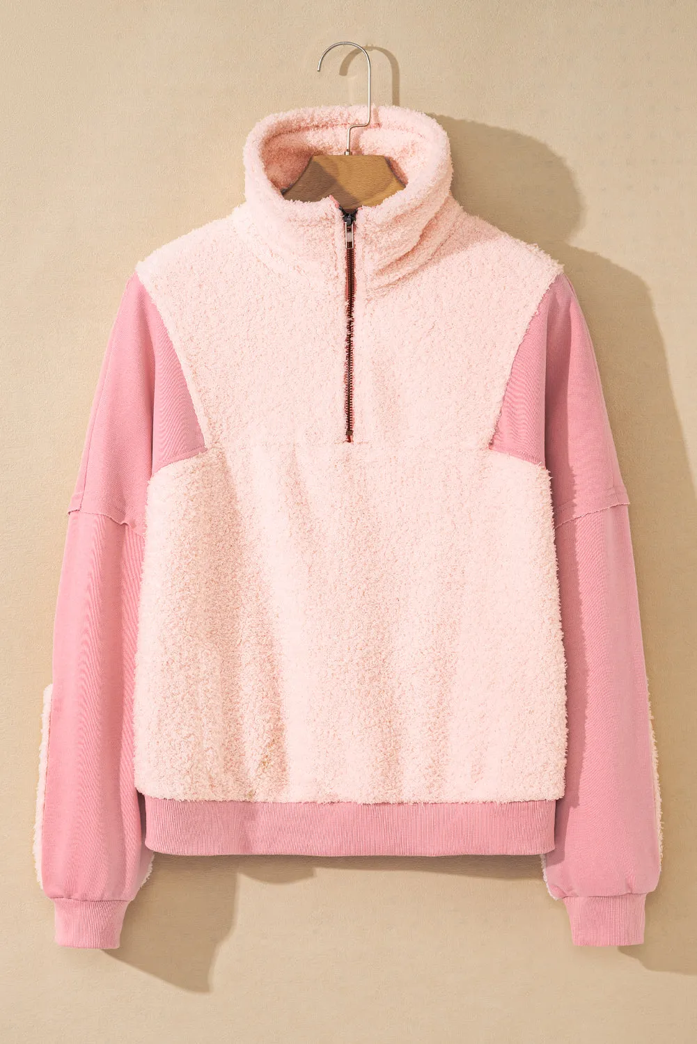 Exposed Seam Fuzzy Patchwork Quarter Zip Sweatshirt