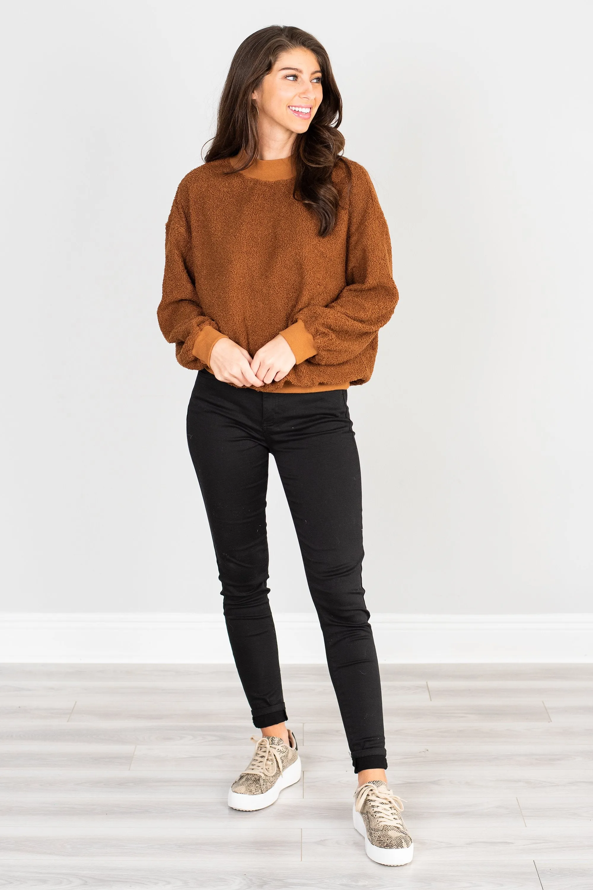 Feeling At Peace Brick Orange Faux Shearling Sweatshirt