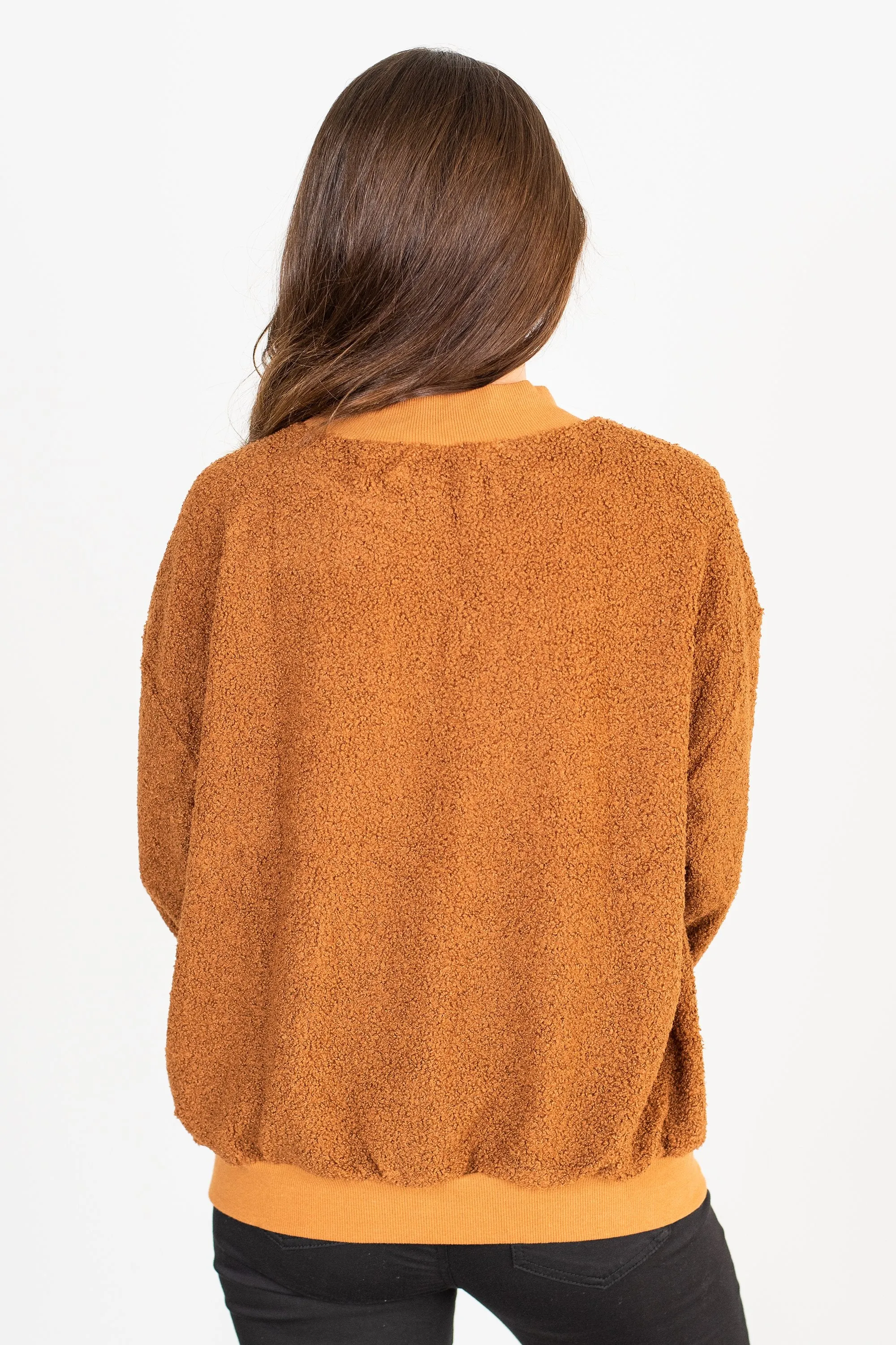 Feeling At Peace Brick Orange Faux Shearling Sweatshirt