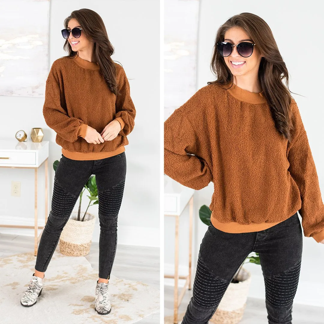 Feeling At Peace Brick Orange Faux Shearling Sweatshirt