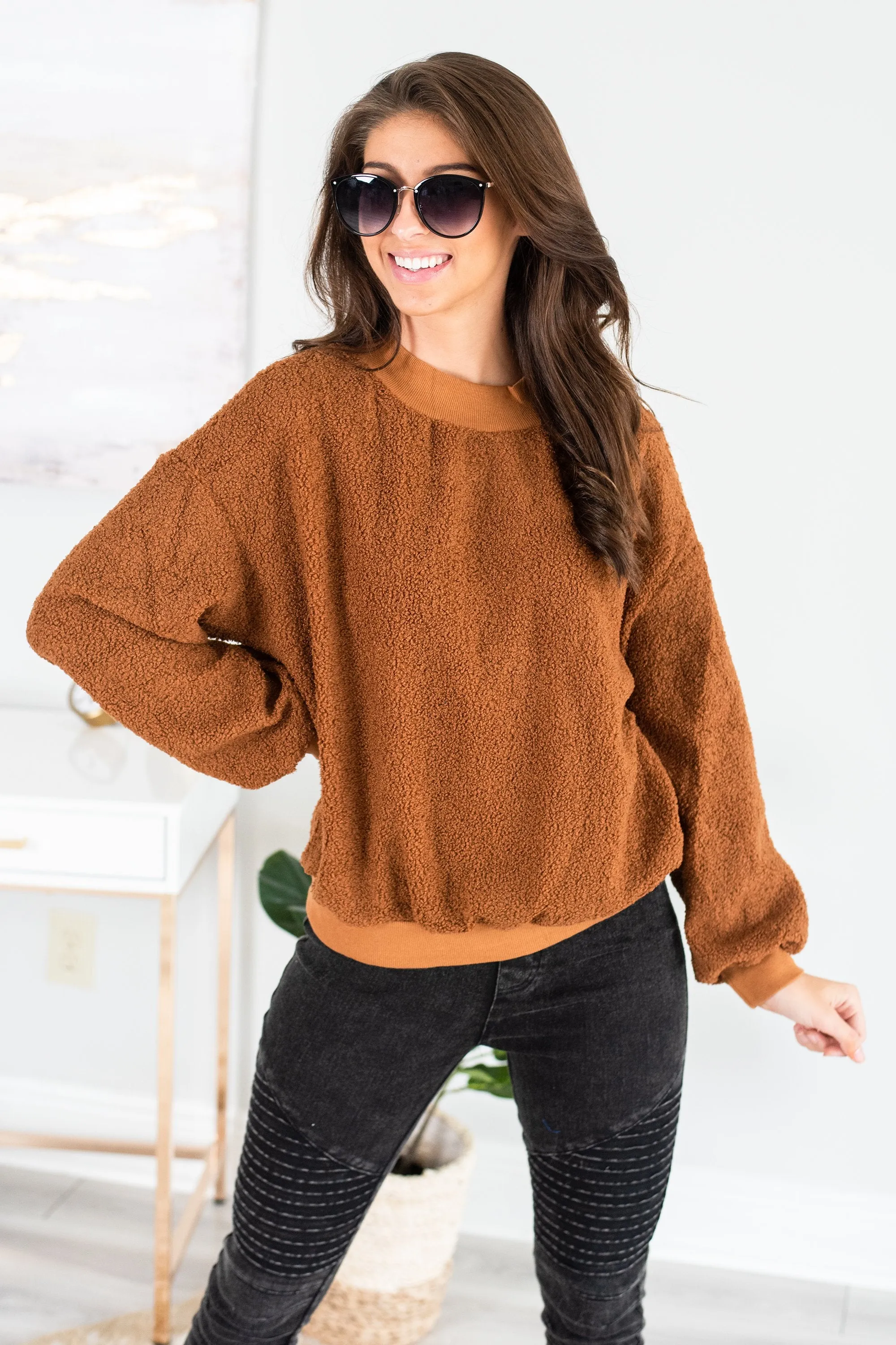 Feeling At Peace Brick Orange Faux Shearling Sweatshirt