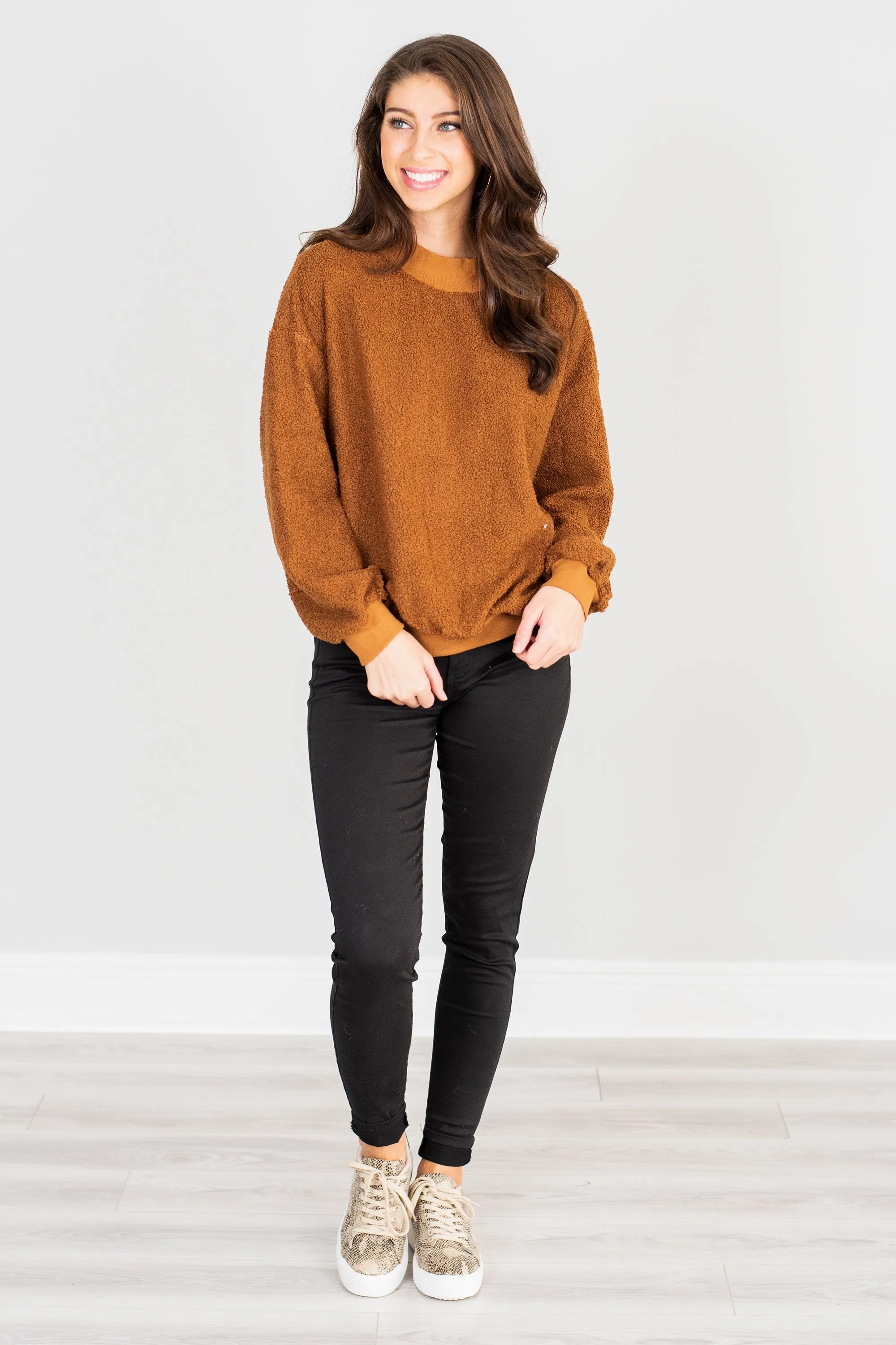 Feeling At Peace Brick Orange Faux Shearling Sweatshirt