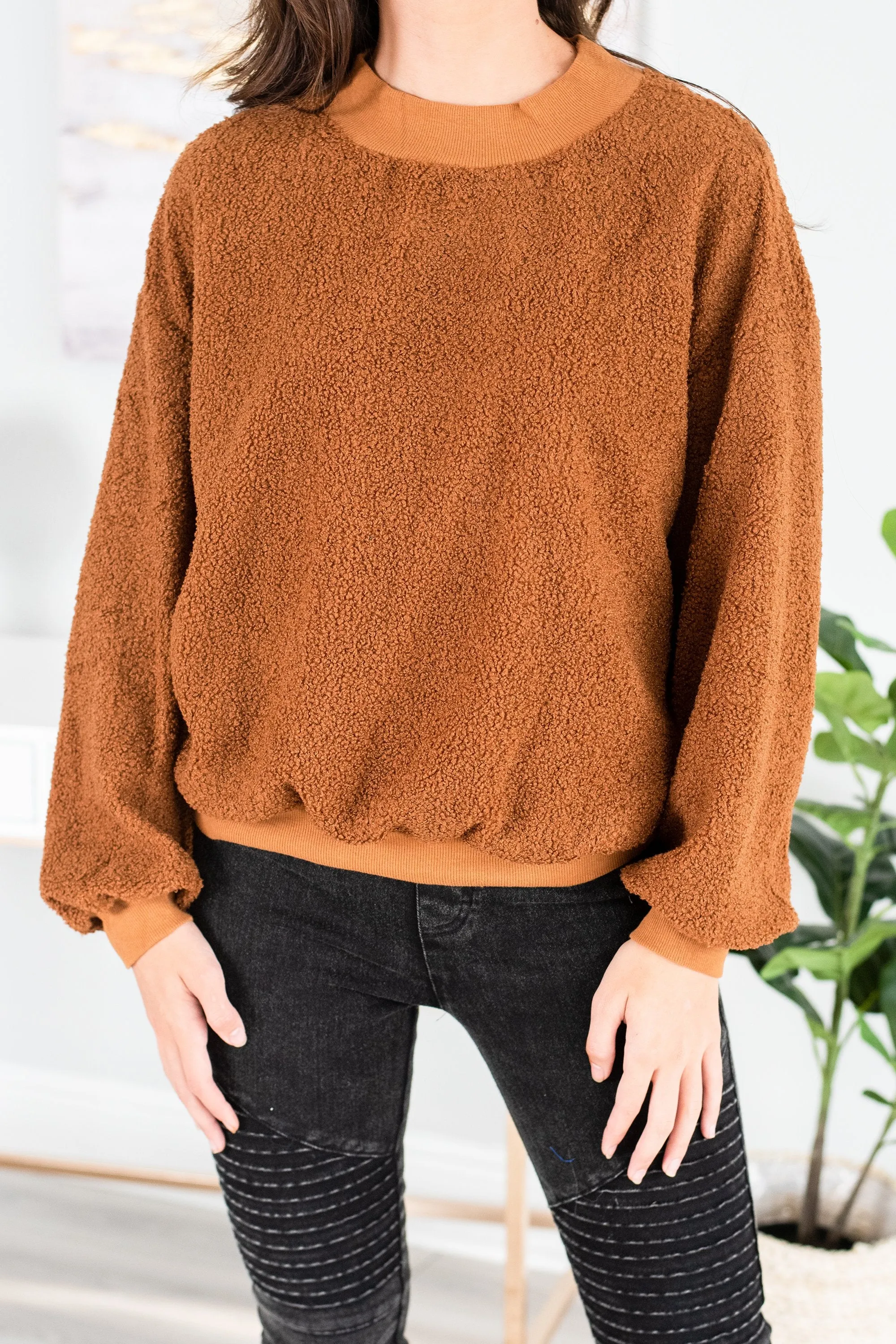 Feeling At Peace Brick Orange Faux Shearling Sweatshirt