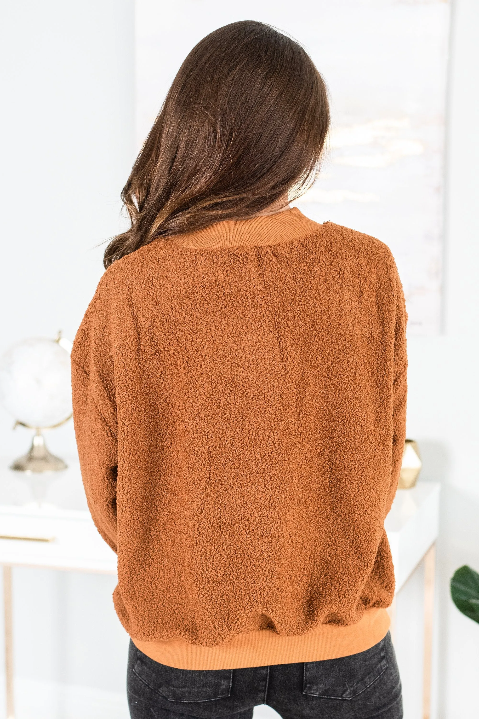 Feeling At Peace Brick Orange Faux Shearling Sweatshirt