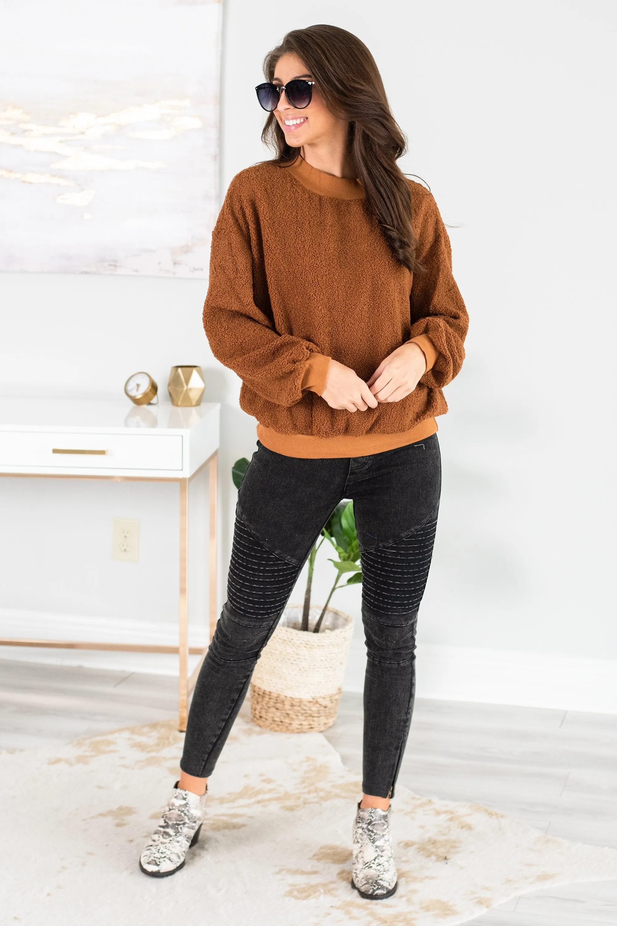 Feeling At Peace Brick Orange Faux Shearling Sweatshirt