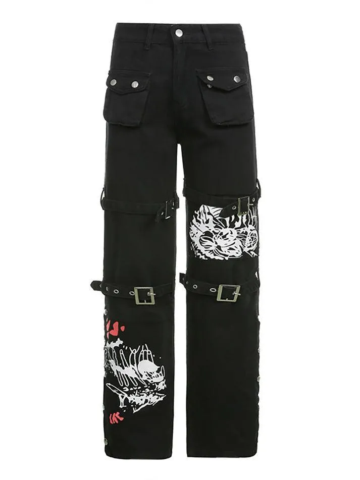 Goth metal buckle pocket cargo pants