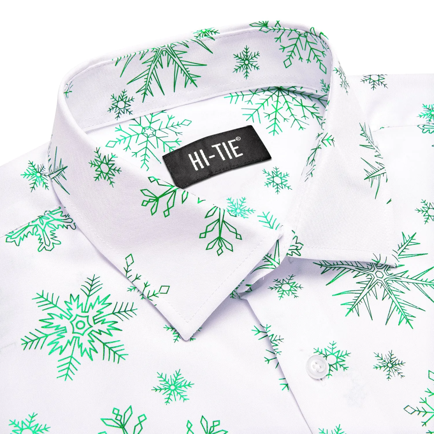 Hi-Tie White Long Sleeve Shirt Green Snowflake Men's Christmas Top