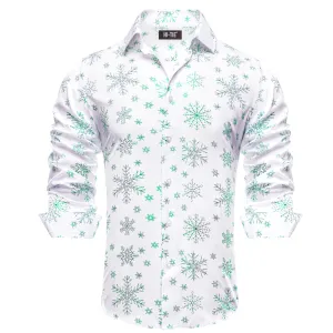 Hi-Tie White Long Sleeve Shirt Green Snowflake Men's Christmas Top