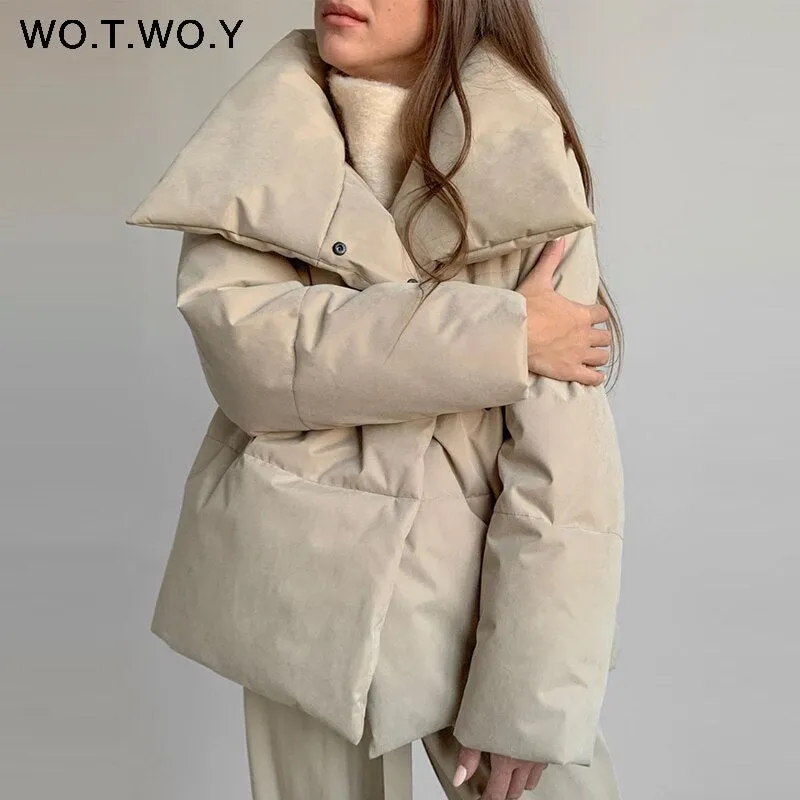 Joskaa Christmas Gift WOTWOY Oversized Cropped Winter Jacket Women Windbreaker Cotton-Padded Parkas Women Solid Casual Thick Jackets Female Outerwear