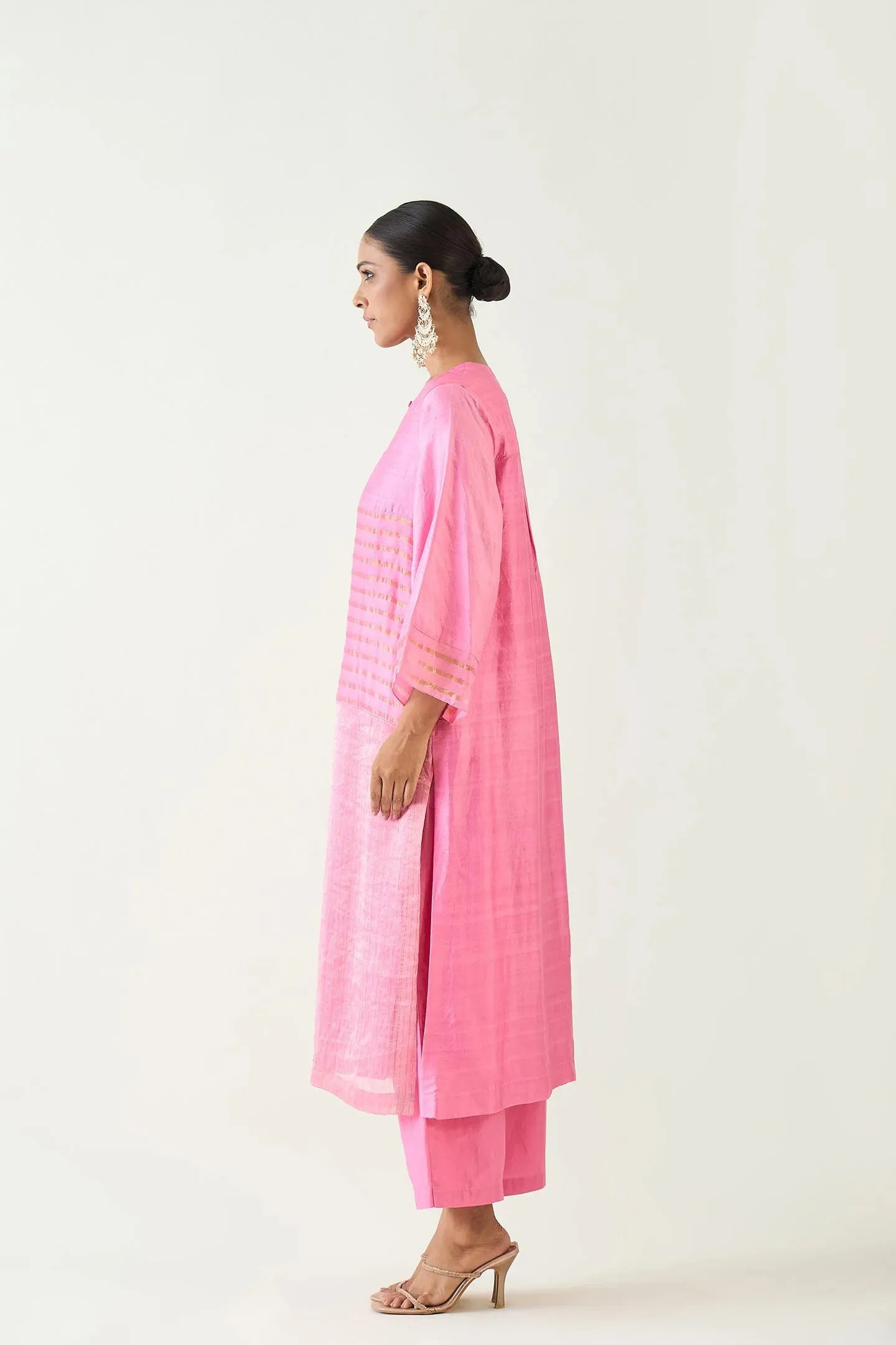 Kaya: Zari Stripe and Silk Patch Kurta set - Candy Pink and Gold