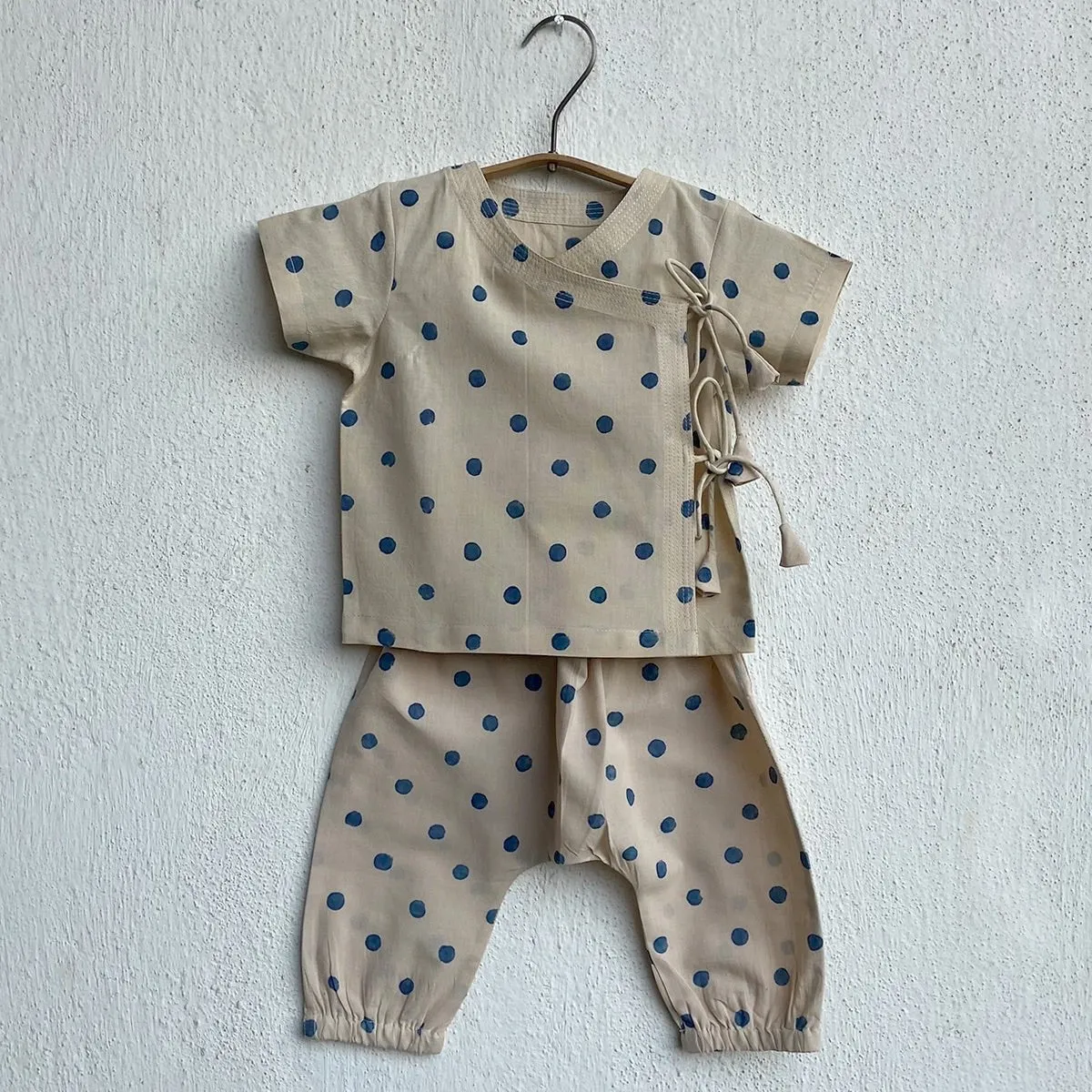 Kids Unisex Organic Cotton Indigo Beige Polka Angrakha and Polka Pants