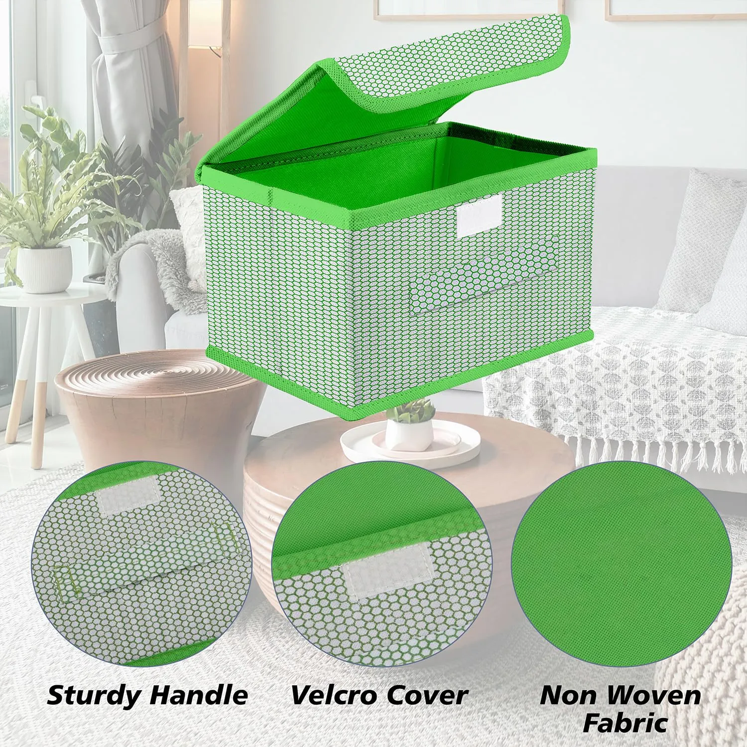 Kuber Industries Drawer Storage Box | Zig Zag Dhakkan Storage Box | Non-Woven Clothes Organizer For Toys | Storage Box with Handle | Medium | Pack of 2 | Green