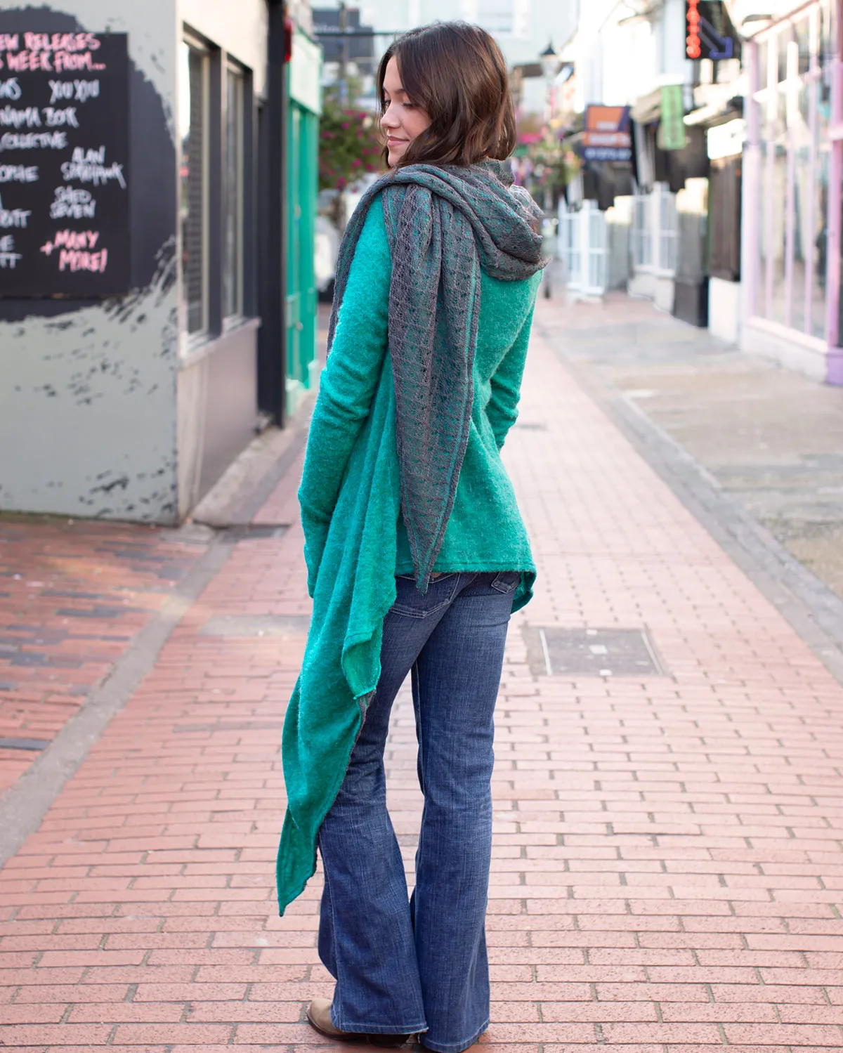 Lace Scarf Cardigan Turquoise/Grey