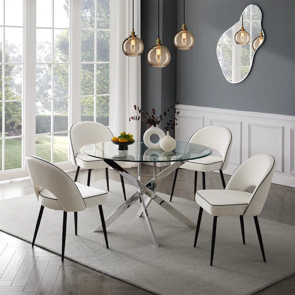 Livorno Silver Leg Glass Dining Table & 4 Tiago Chairs, Ivory Velvet