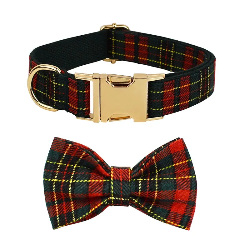 Luxury Green & Red Plaid Dog Collar, Leash, & Harness Set – Custom Logo Pet Accessories with Grid Pattern