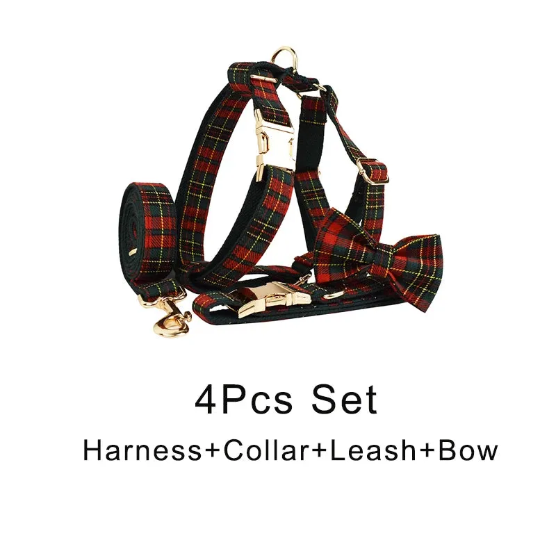 Luxury Green & Red Plaid Dog Collar, Leash, & Harness Set – Custom Logo Pet Accessories with Grid Pattern