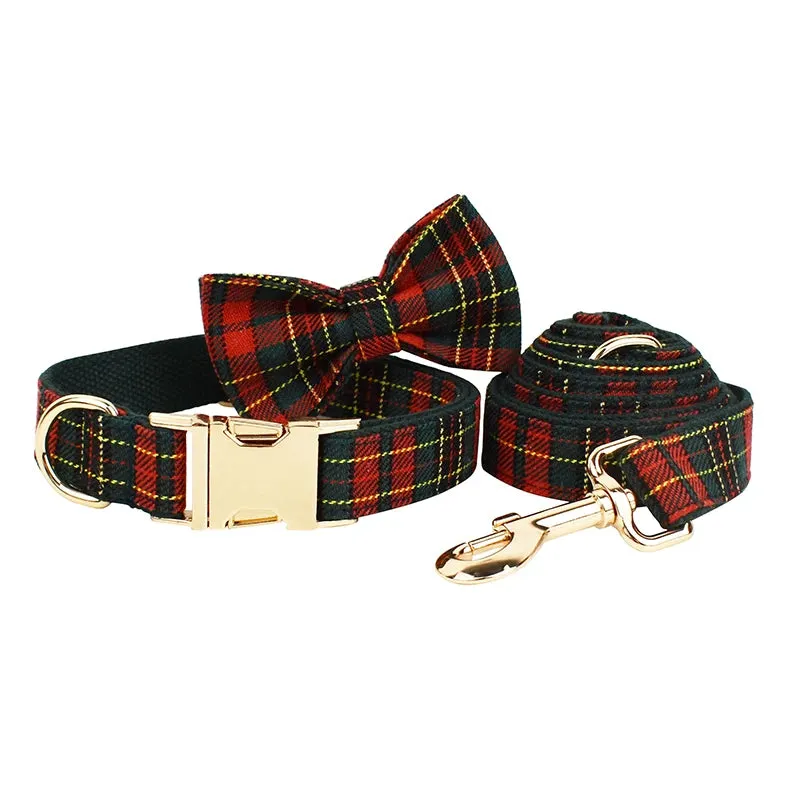 Luxury Green & Red Plaid Dog Collar, Leash, & Harness Set – Custom Logo Pet Accessories with Grid Pattern