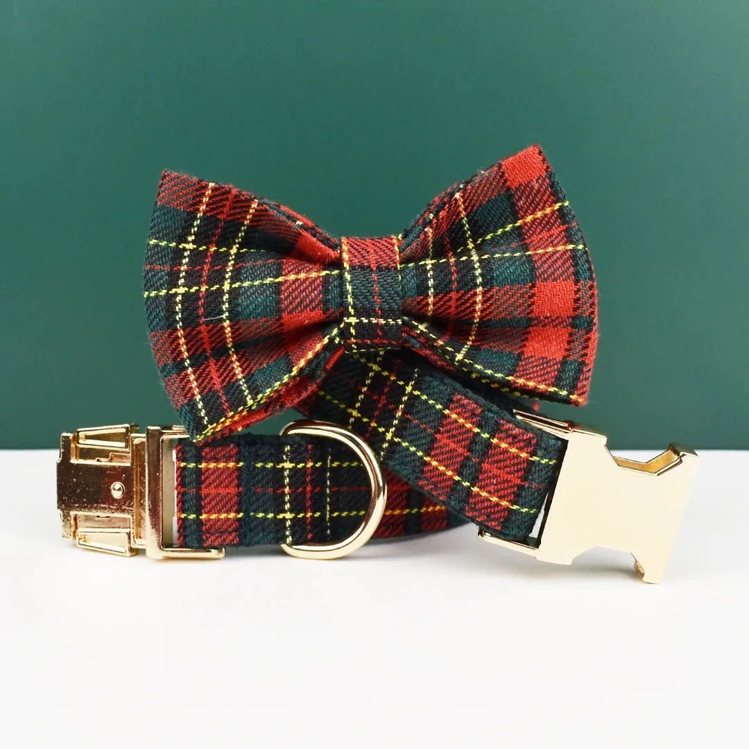 Luxury Green & Red Plaid Dog Collar, Leash, & Harness Set – Custom Logo Pet Accessories with Grid Pattern