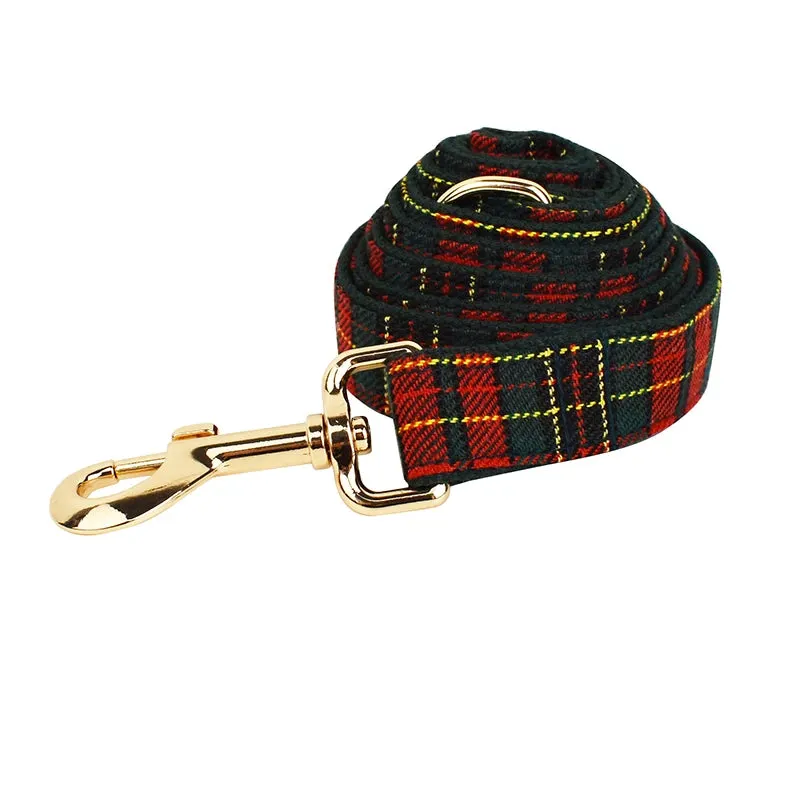 Luxury Green & Red Plaid Dog Collar, Leash, & Harness Set – Custom Logo Pet Accessories with Grid Pattern