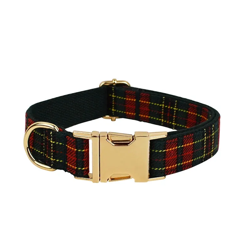 Luxury Green & Red Plaid Dog Collar, Leash, & Harness Set – Custom Logo Pet Accessories with Grid Pattern