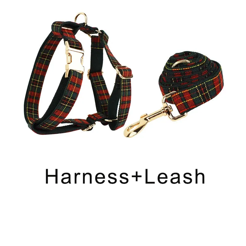 Luxury Green & Red Plaid Dog Collar, Leash, & Harness Set – Custom Logo Pet Accessories with Grid Pattern