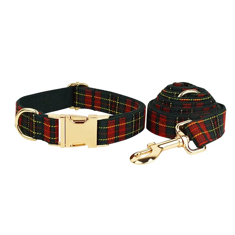 Luxury Green & Red Plaid Dog Collar, Leash, & Harness Set – Custom Logo Pet Accessories with Grid Pattern