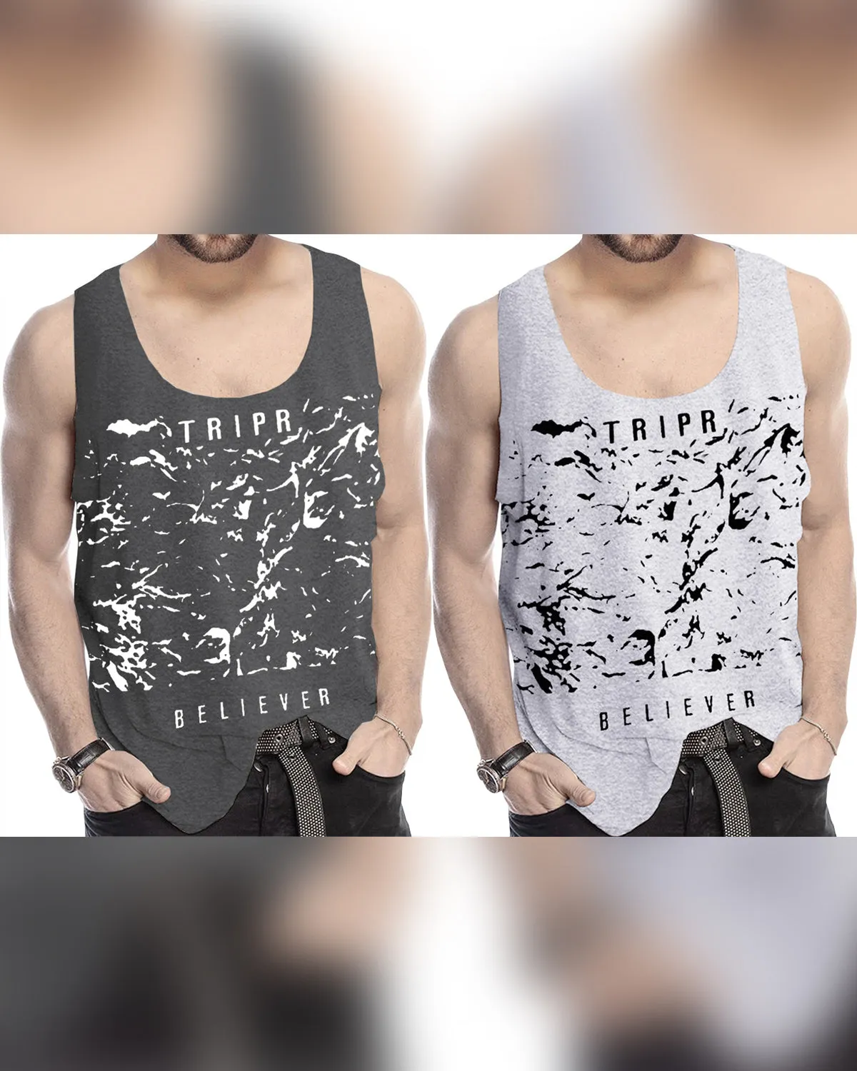 Men Printed Tank Top (Pack of 2) / Charcoal Black & Grey