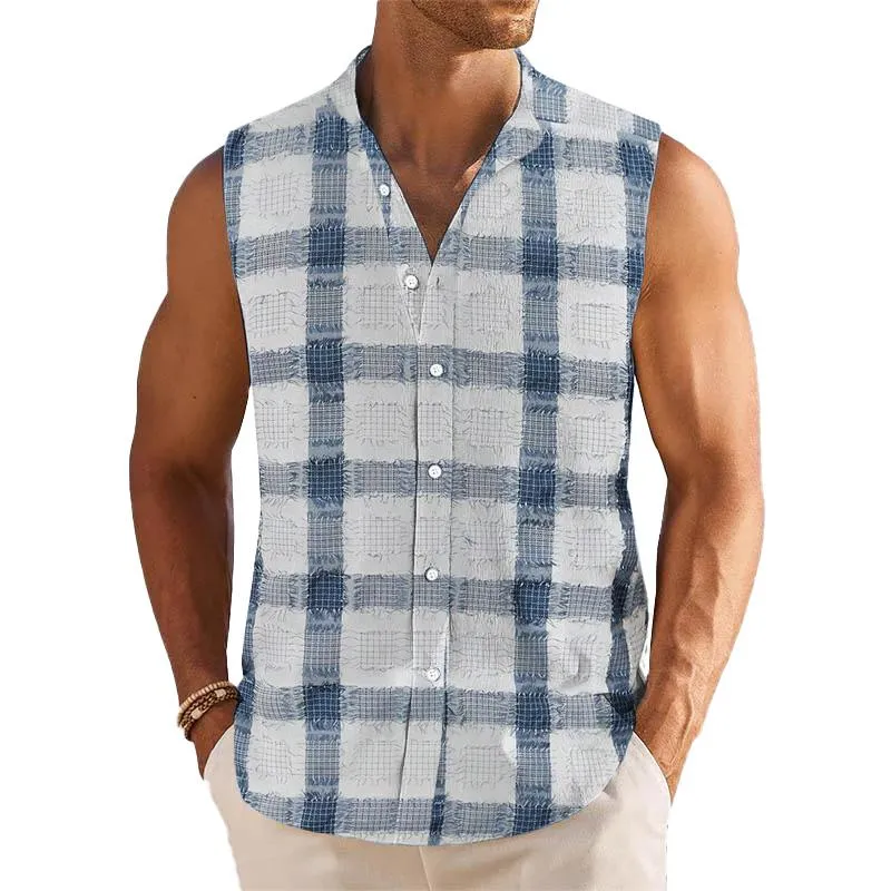 Men's Breathable Linen Lapel Beach Sleeveless Shirt 59726744YM