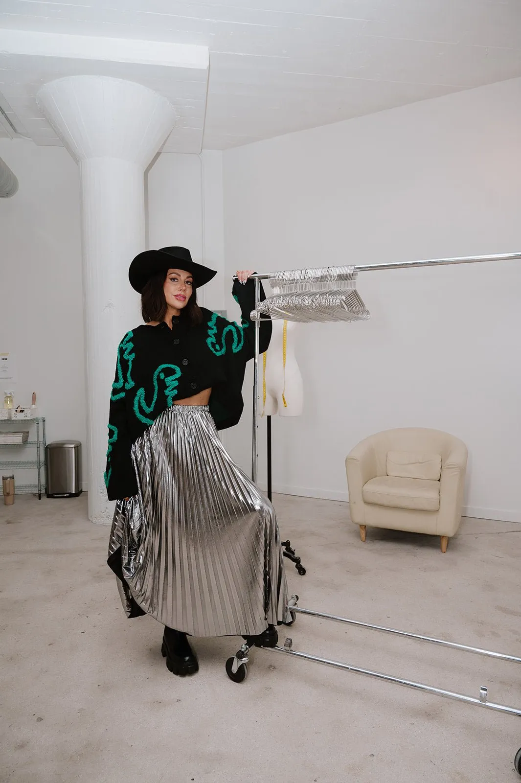 Metallic Pleated Midi Skirt in Sterling Silver