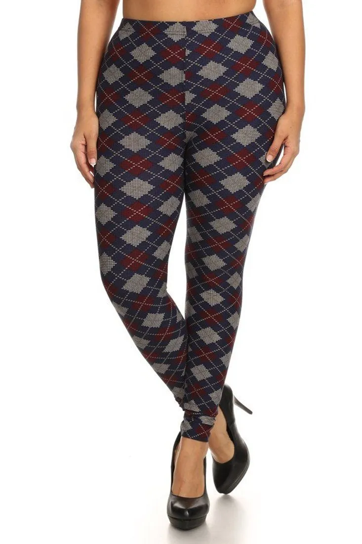 Navy Burgundy Argyle Design Plus Size Leggings