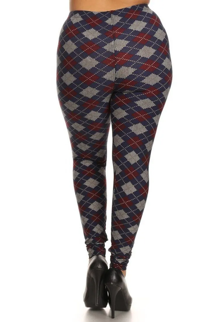 Navy Burgundy Argyle Design Plus Size Leggings