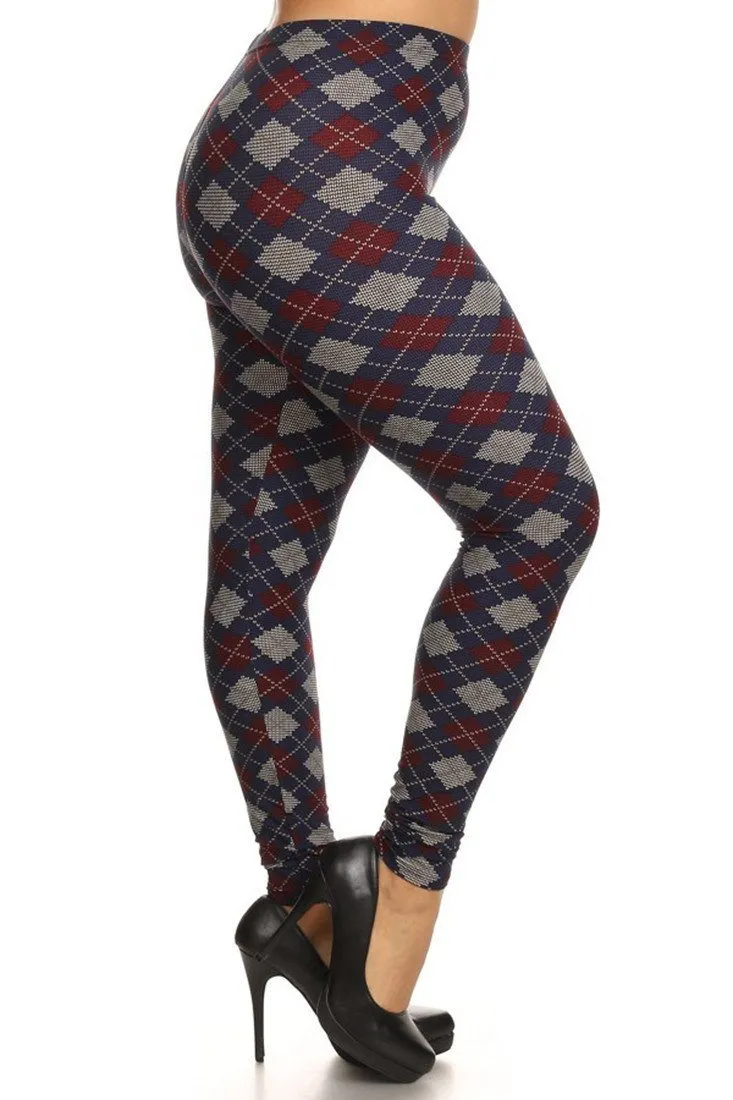 Navy Burgundy Argyle Design Plus Size Leggings