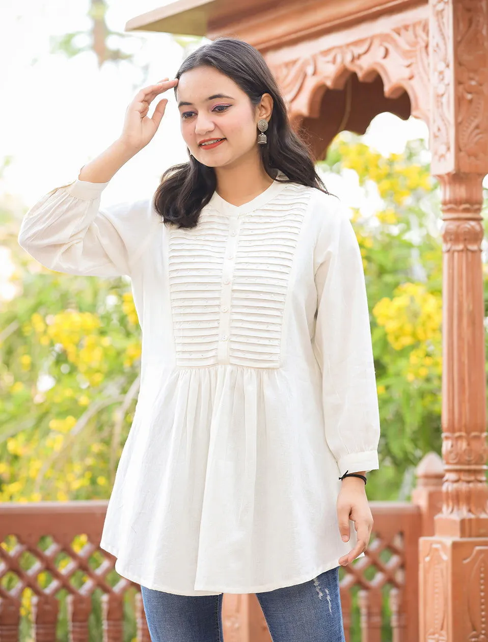 Pastel White Cotton Tunic Top With Pearl Work (pack of 1)