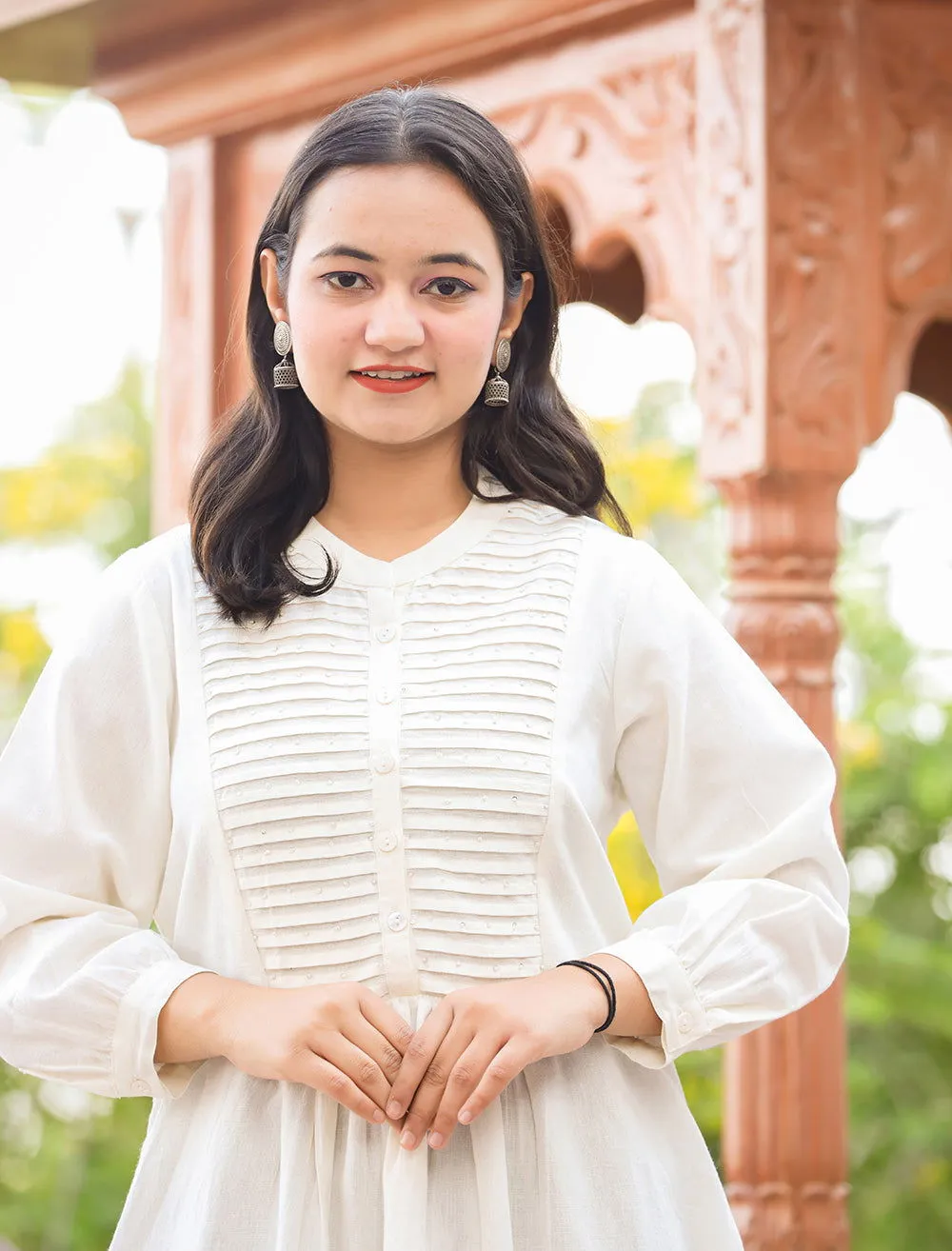 Pastel White Cotton Tunic Top With Pearl Work (pack of 1)