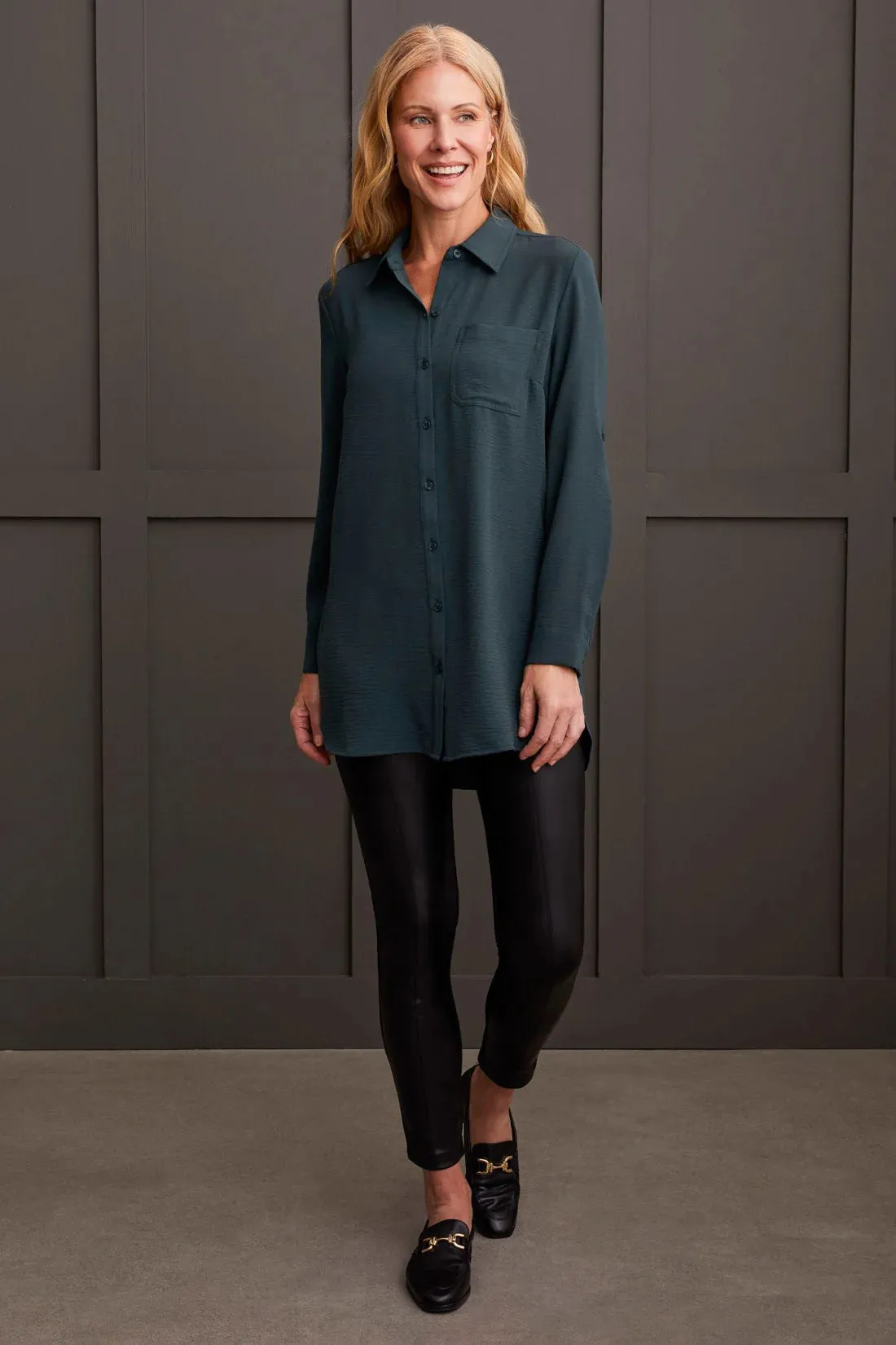 Pebbled Crepe Roll-Sleeve Tunic