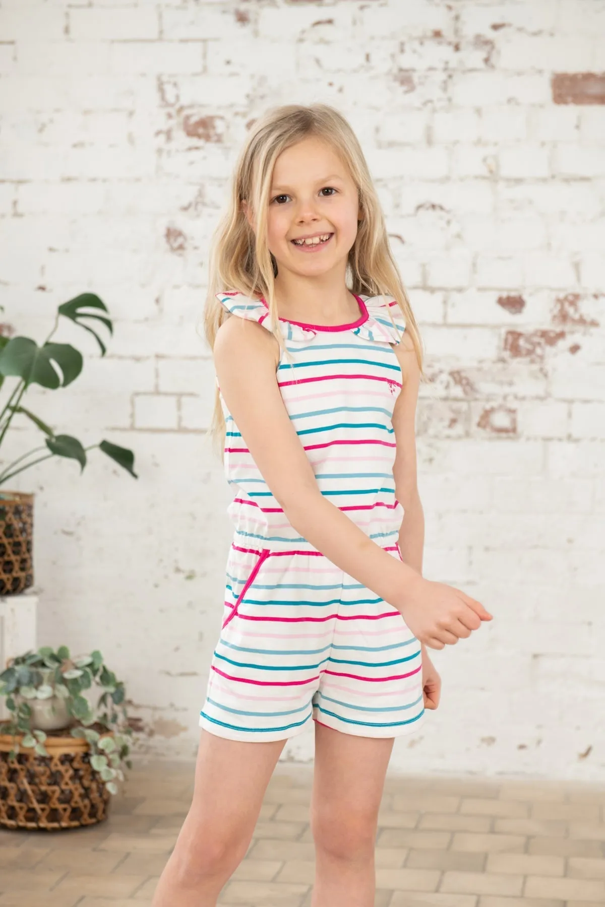 Penelope Playsuit - Teal Pink Stripe