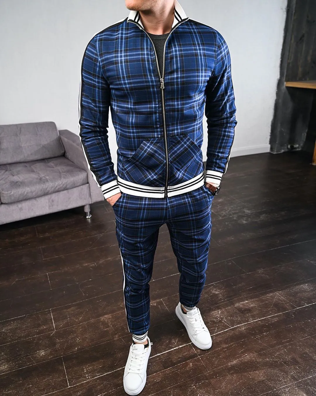 Plaid Style Men Tracksuits