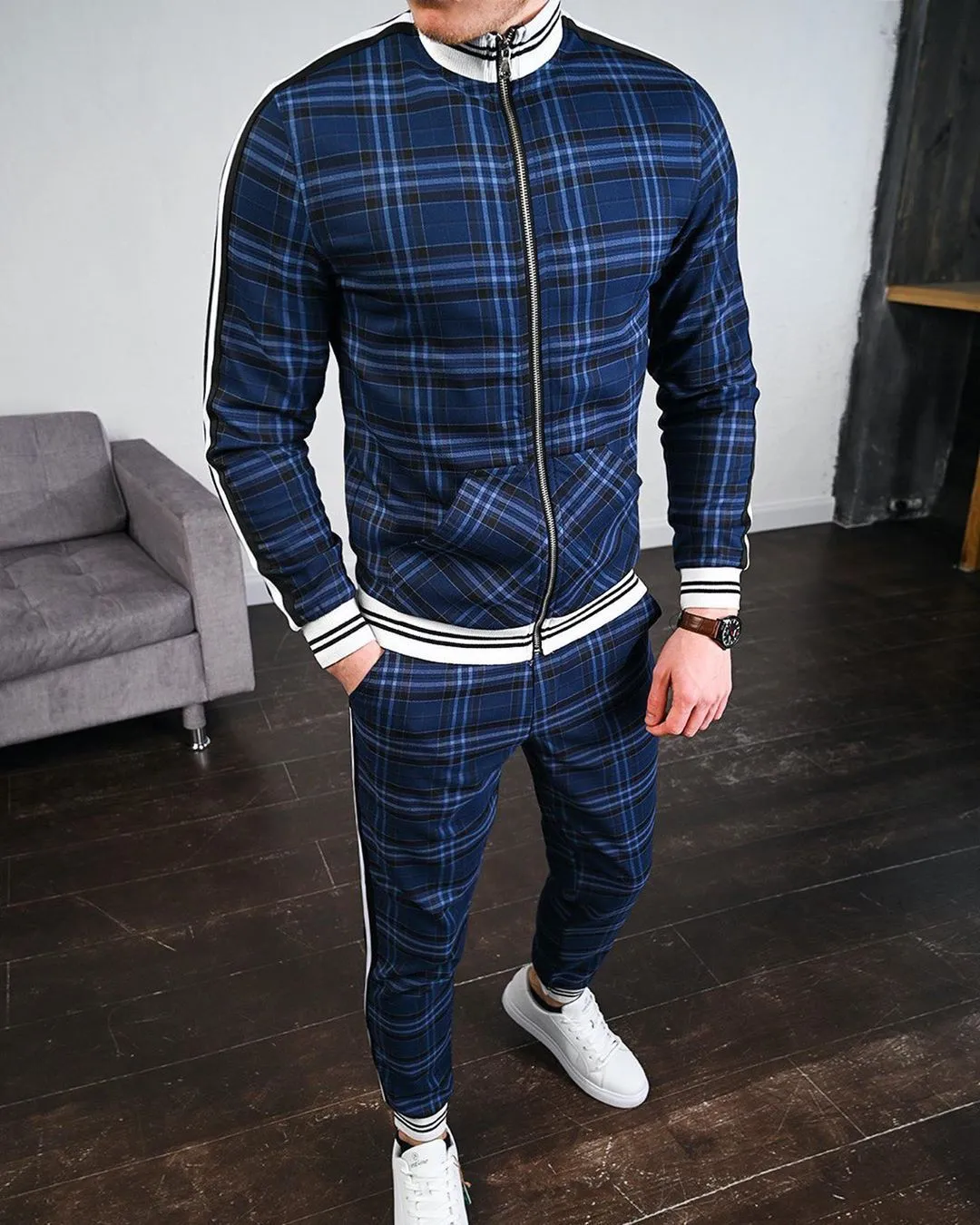 Plaid Style Men Tracksuits