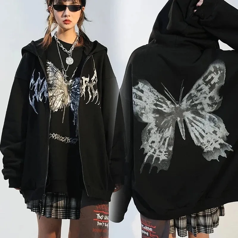 Purpdrank - Harajuku Y2K Autumn Female Hooded Sweatshirt Zipper Butterfly Print Long Sleeve Loose print Women Hoodies Coats plus size women