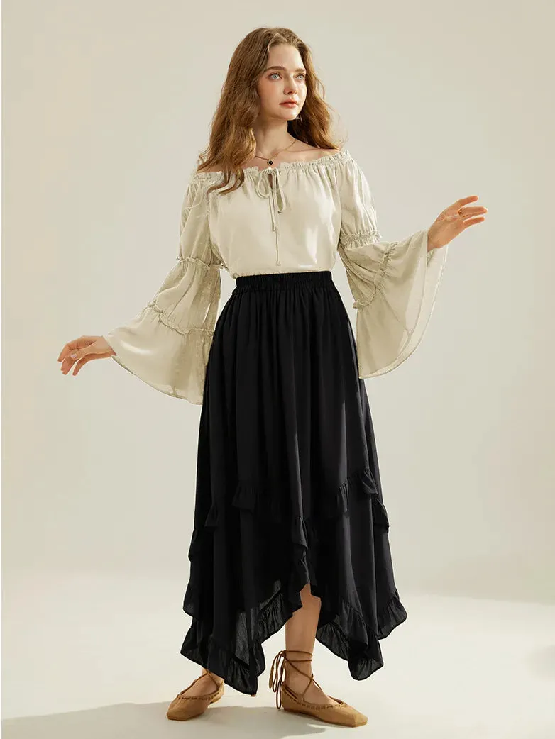 Renaissance Off Shoulder Tops Bell Sleeve Ruffled Hem Tops