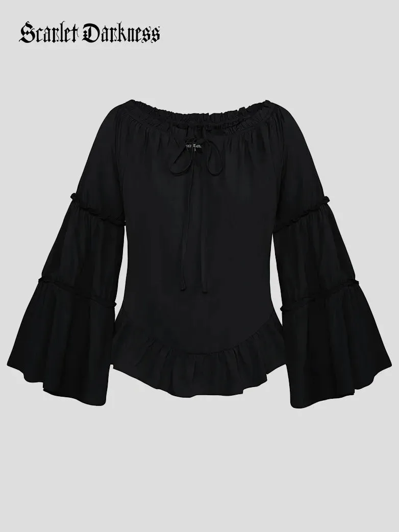 Renaissance Off Shoulder Tops Bell Sleeve Ruffled Hem Tops