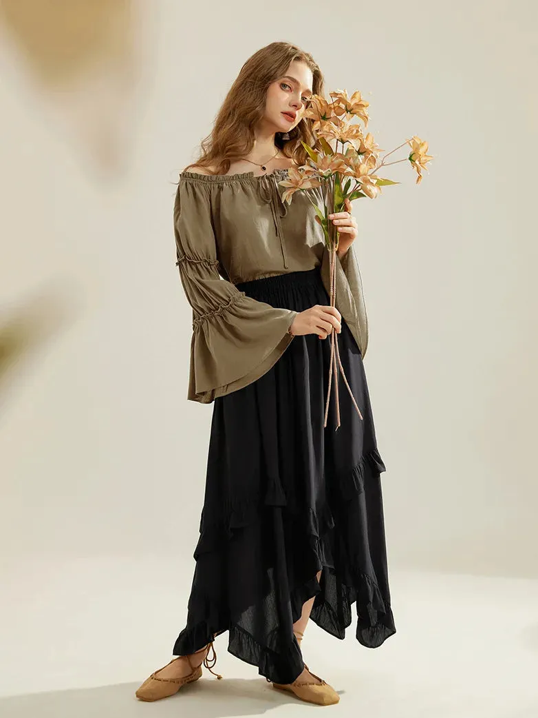 Renaissance Off Shoulder Tops Bell Sleeve Ruffled Hem Tops