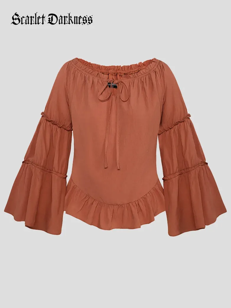 Renaissance Off Shoulder Tops Bell Sleeve Ruffled Hem Tops